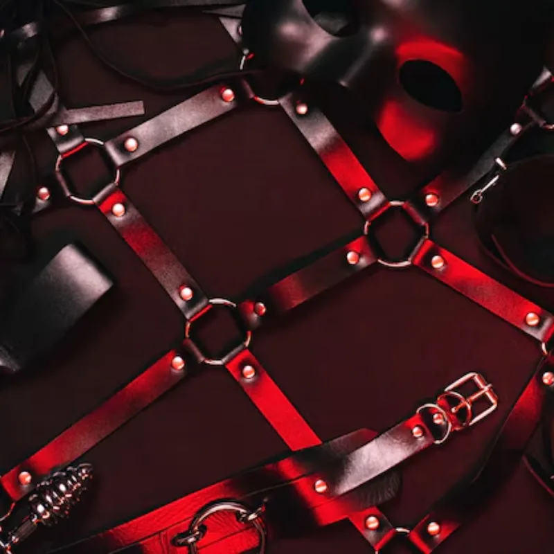 Bondage y Accesorios de Sumisión - Arnés de Cuero Premium | Puebla Arnés de cuero negro premium para bondage BDSM con anillos metálicos y correas ajustables en Puebla